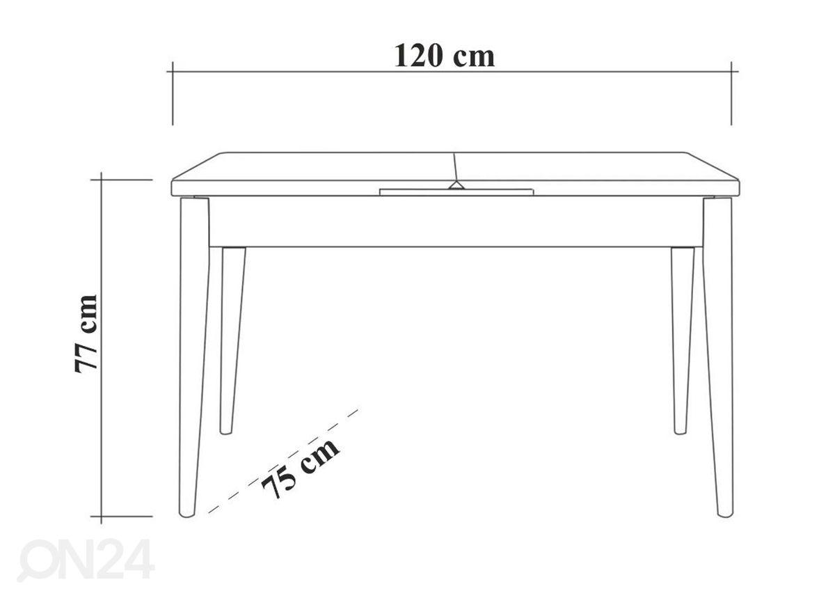 Jatkettava ruokapöytä Juta 120-150x75 cm kuvasuurennos mitat