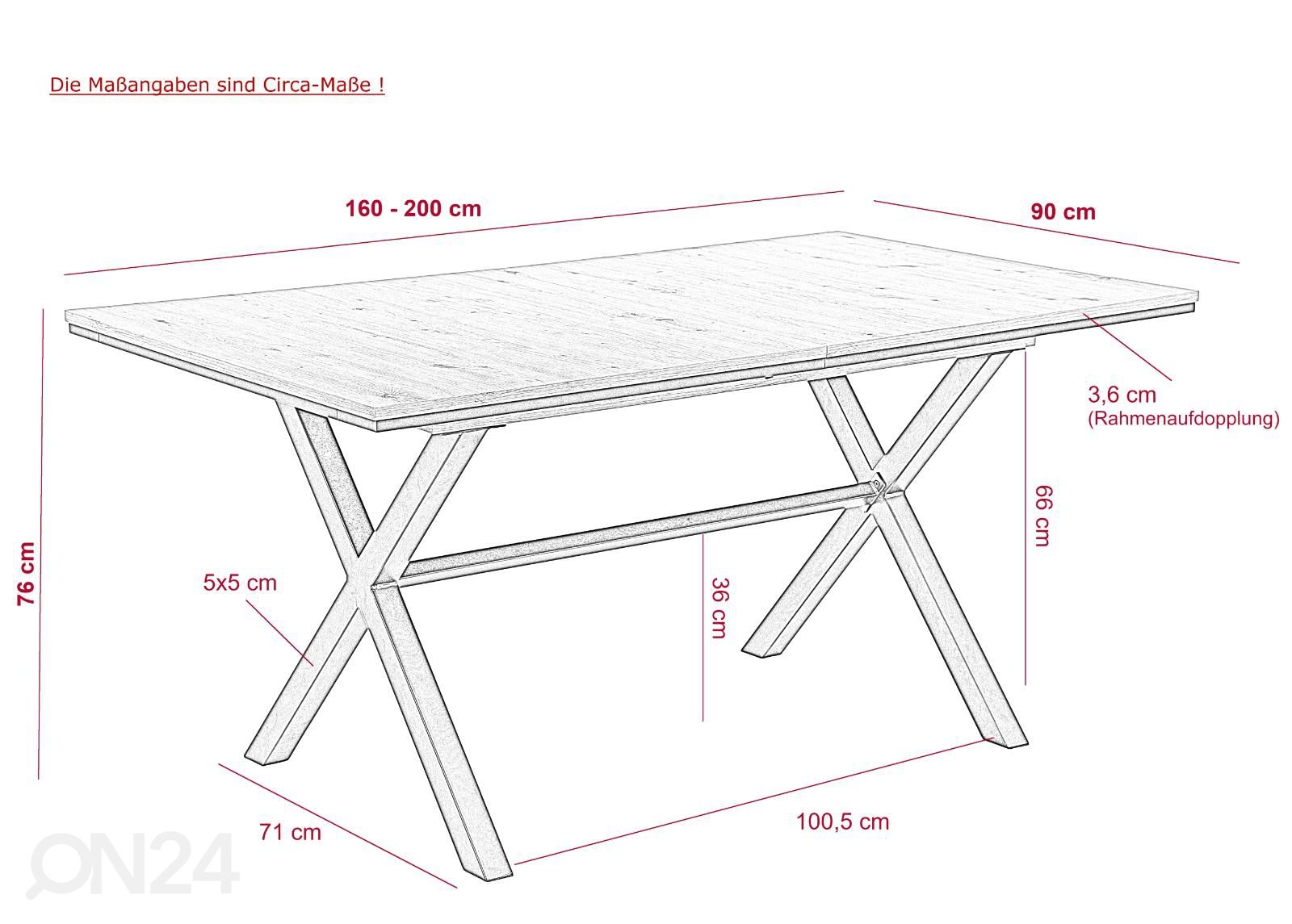 Jatkettava ruokapöytä Karina 90x160-200 cm kuvasuurennos mitat