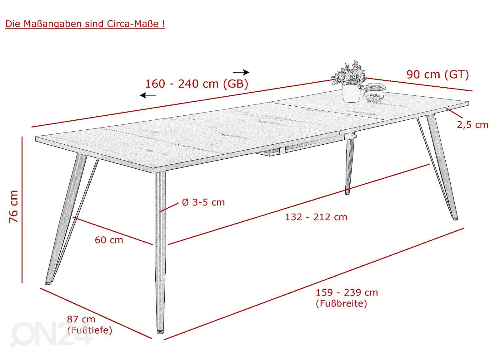 Jatkettava ruokapöytä Leona 90x160-240 cm kuvasuurennos mitat