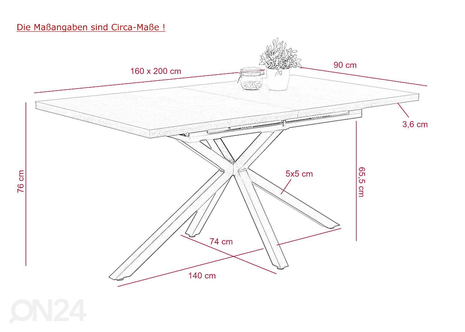 Jatkettava ruokapöytä Malina 90x160-200 cm kuvasuurennos mitat