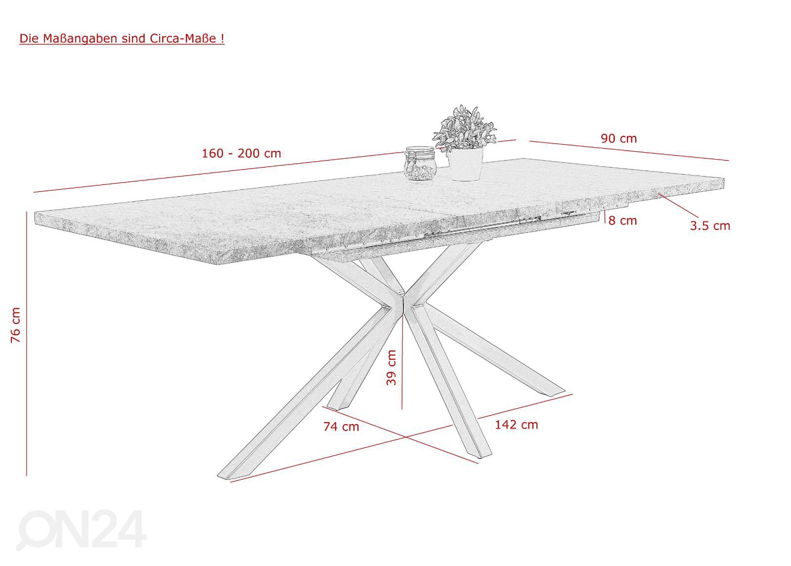 Jatkettava ruokapöytä Malou I 90x160-200 cm kuvasuurennos mitat