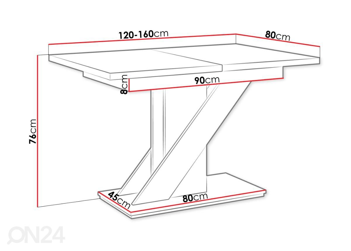 Jatkettava ruokapöytä Megan 80x120-160 cm kuvasuurennos mitat