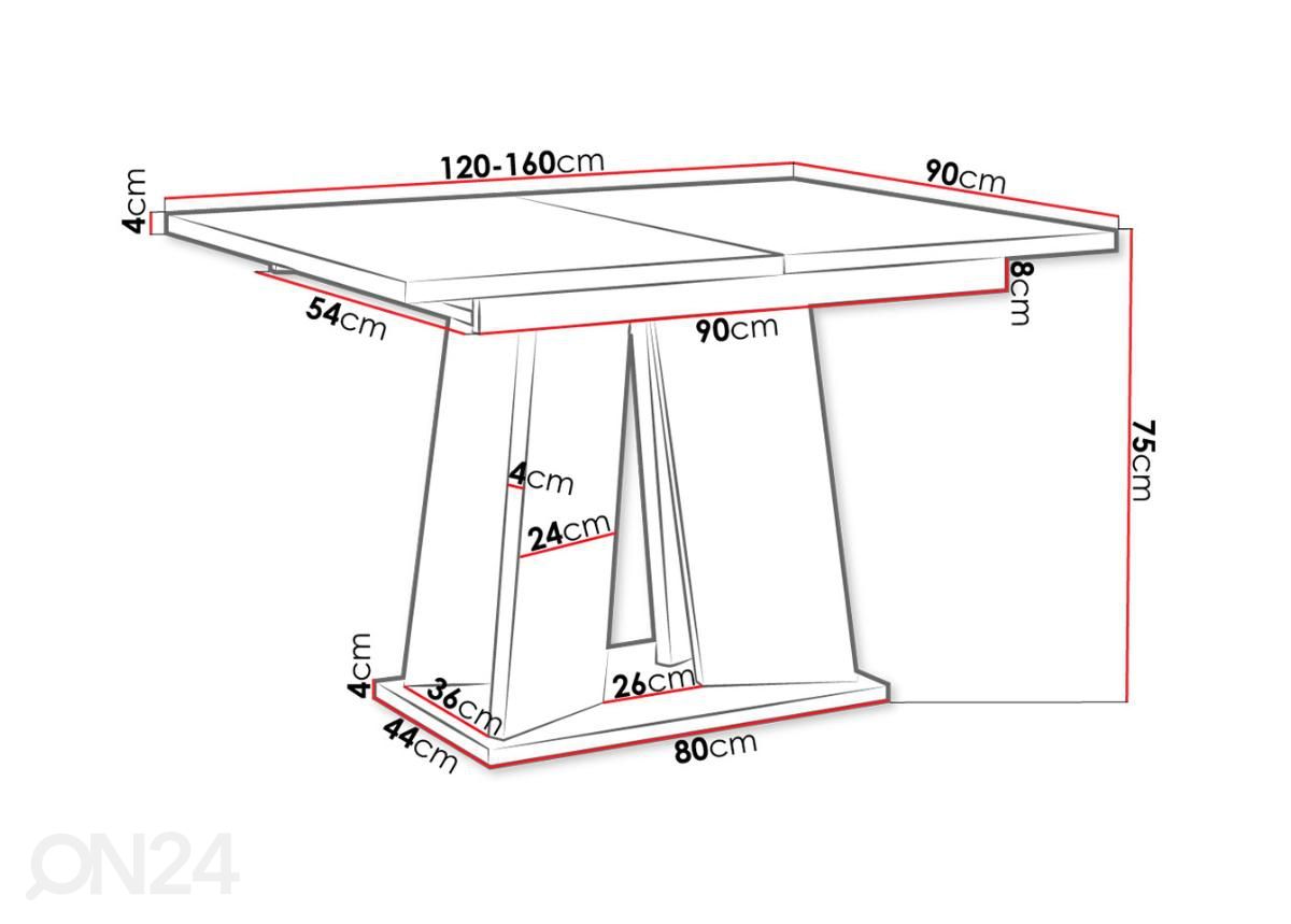 Jatkettava ruokapöytä Mufo 90x120/160 cm kuvasuurennos mitat