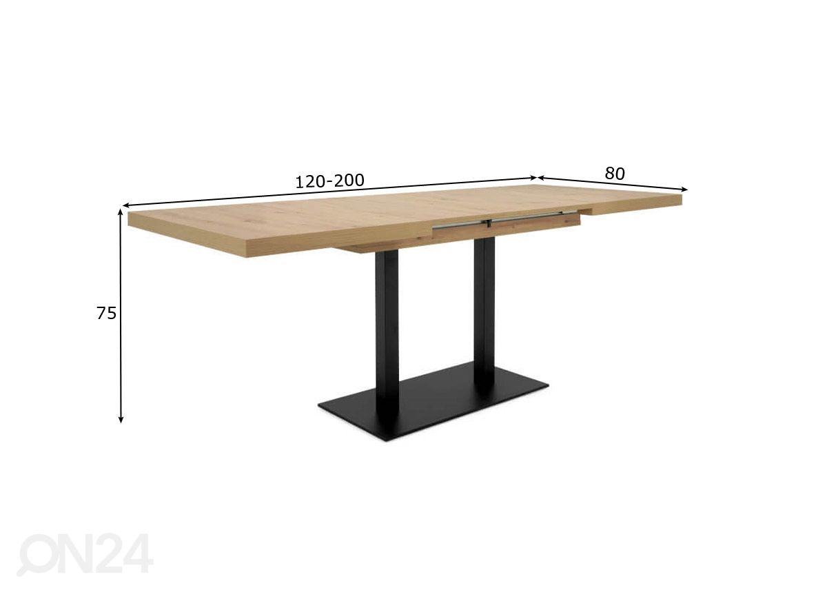 Jatkettava ruokapöytä Quadrato 120/200x80 cm kuvasuurennos mitat