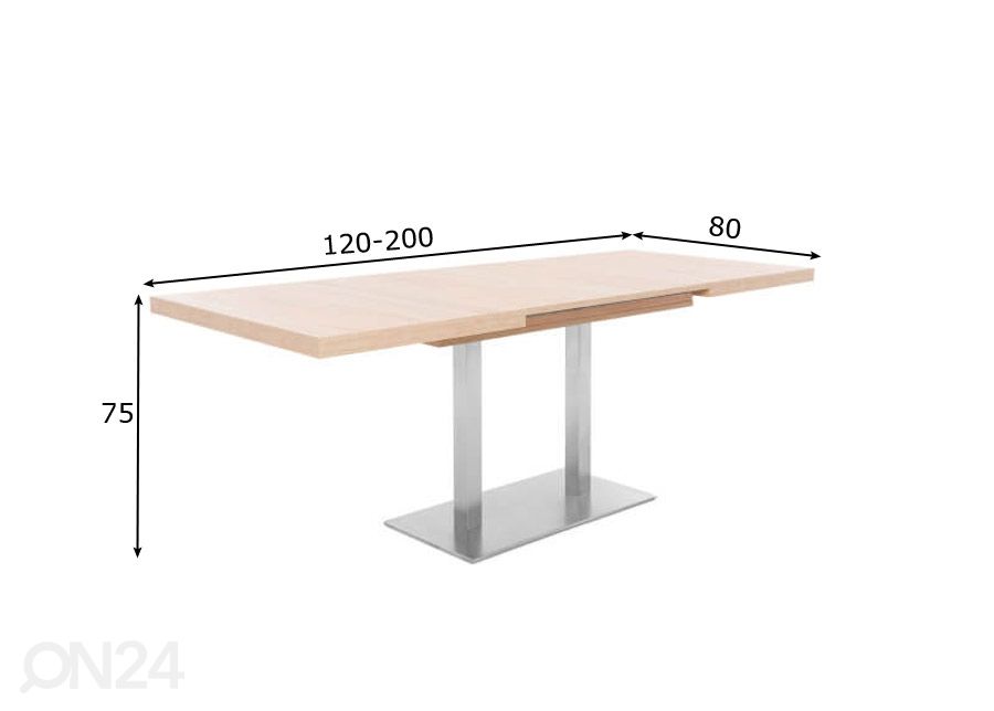 Jatkettava ruokapöytä Quadrato 120/200x80 cm kuvasuurennos mitat