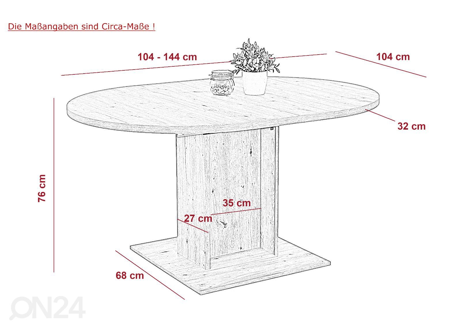 Jatkettava ruokapöytä Ronda 104x104-144 cm kuvasuurennos mitat