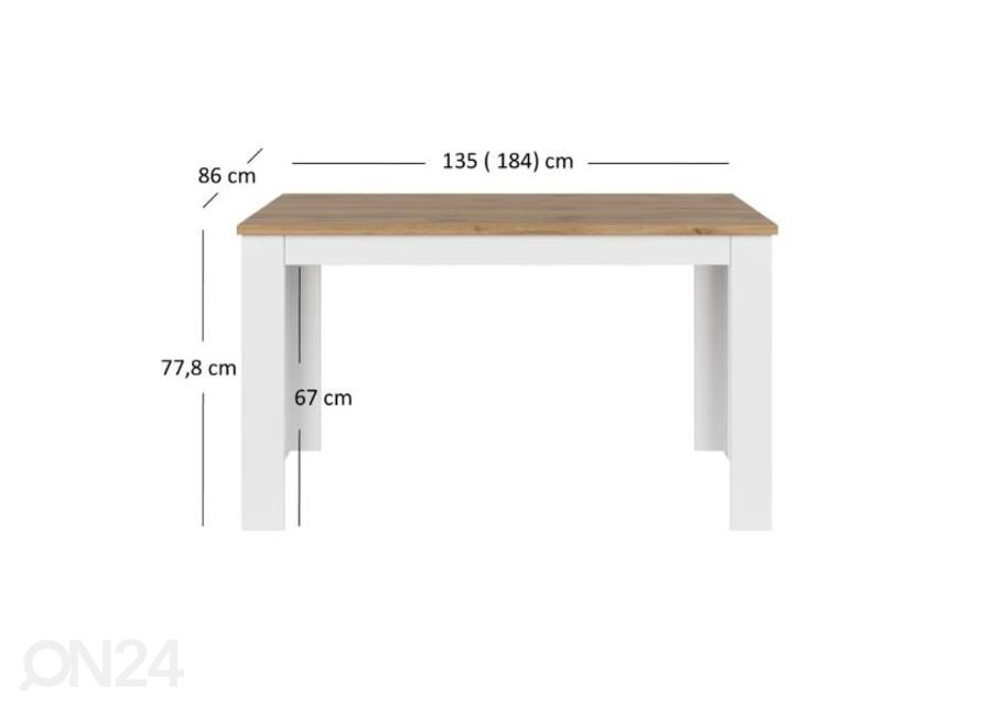 Jatkettava ruokapöytä Vigo 86x135/184 cm kuvasuurennos mitat