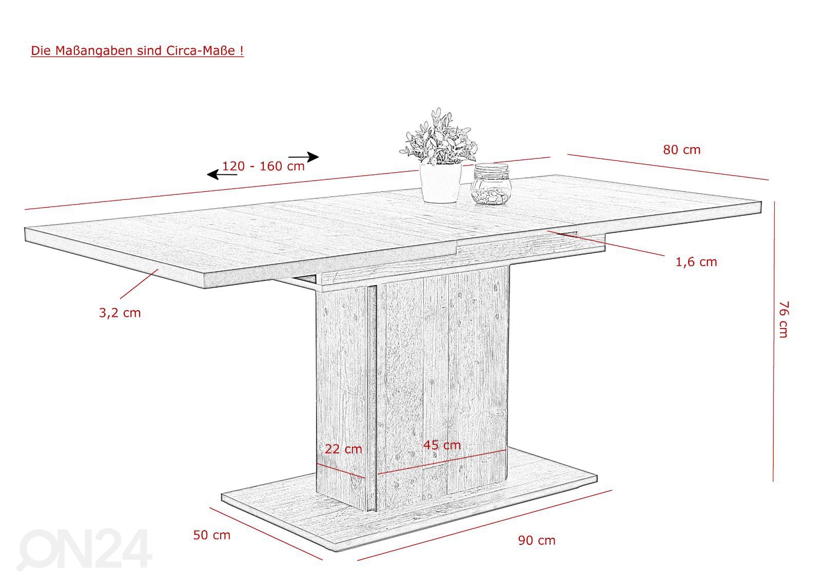 Jatkettavaruokapöytä Ariana I 80x120-160 cm kuvasuurennos mitat