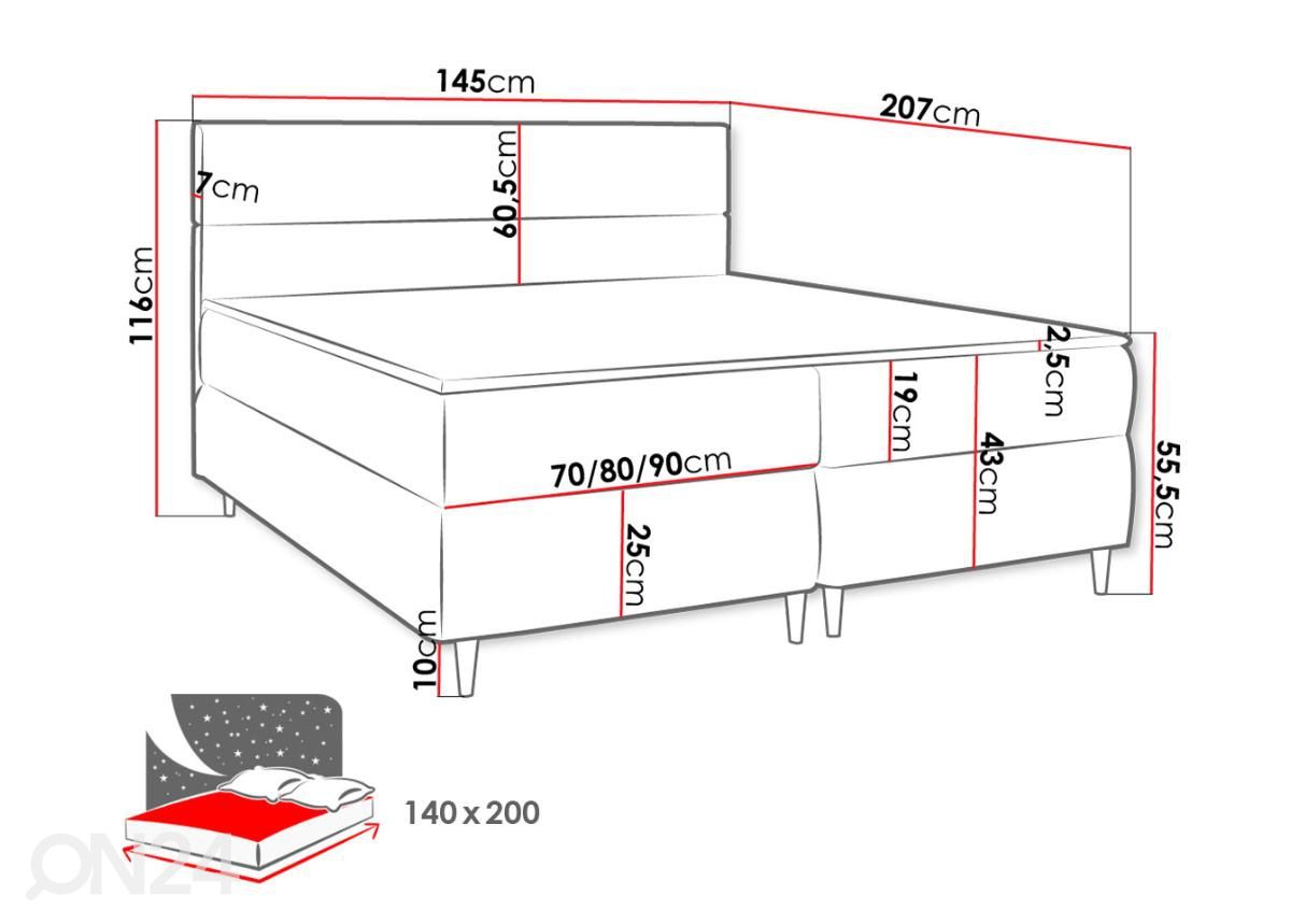 Jenkkisänky vuodevaatelaatikolla 140x200 cm kuvasuurennos mitat