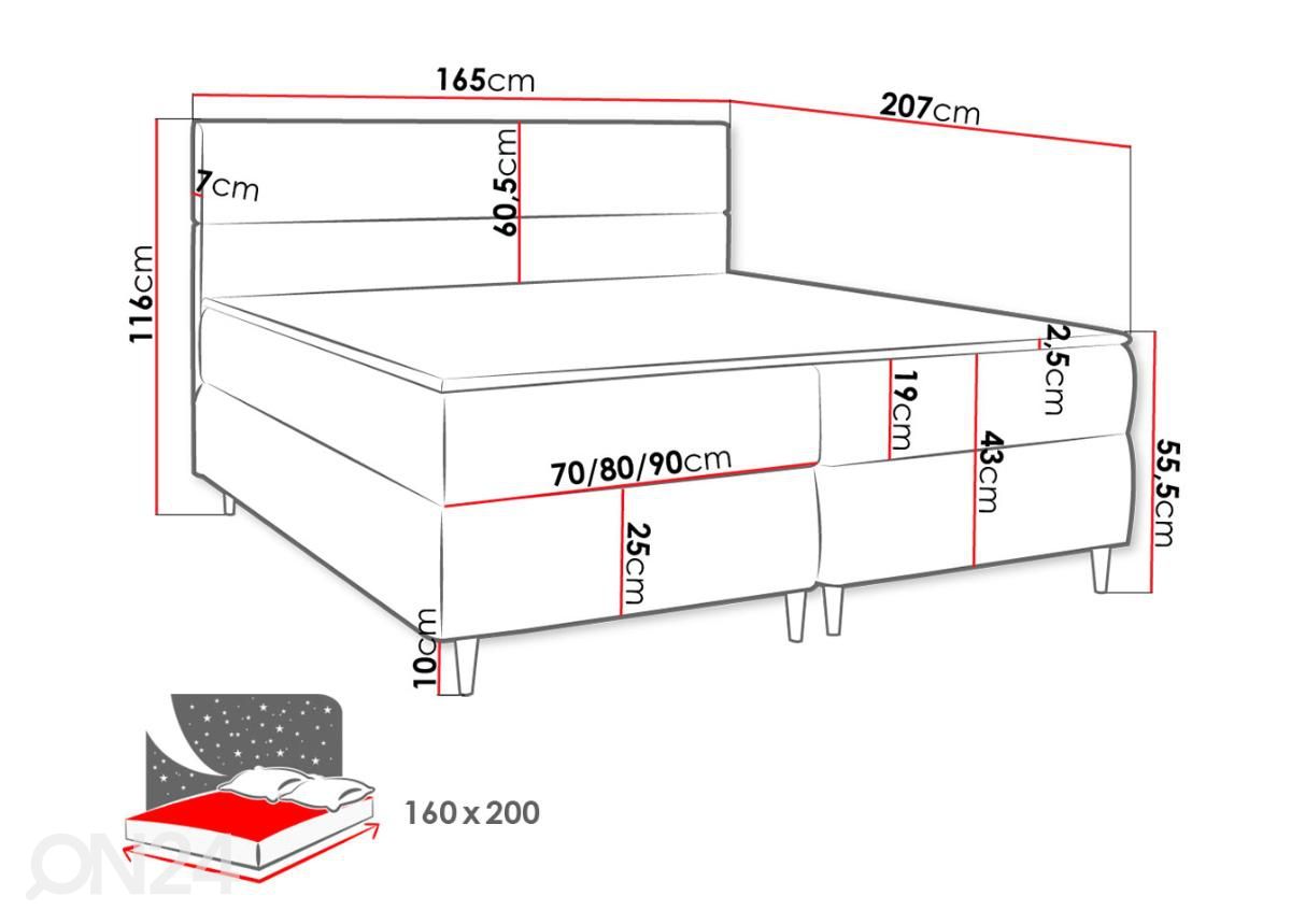 Jenkkisänky vuodevaatelaatikolla 160x200 cm kuvasuurennos mitat