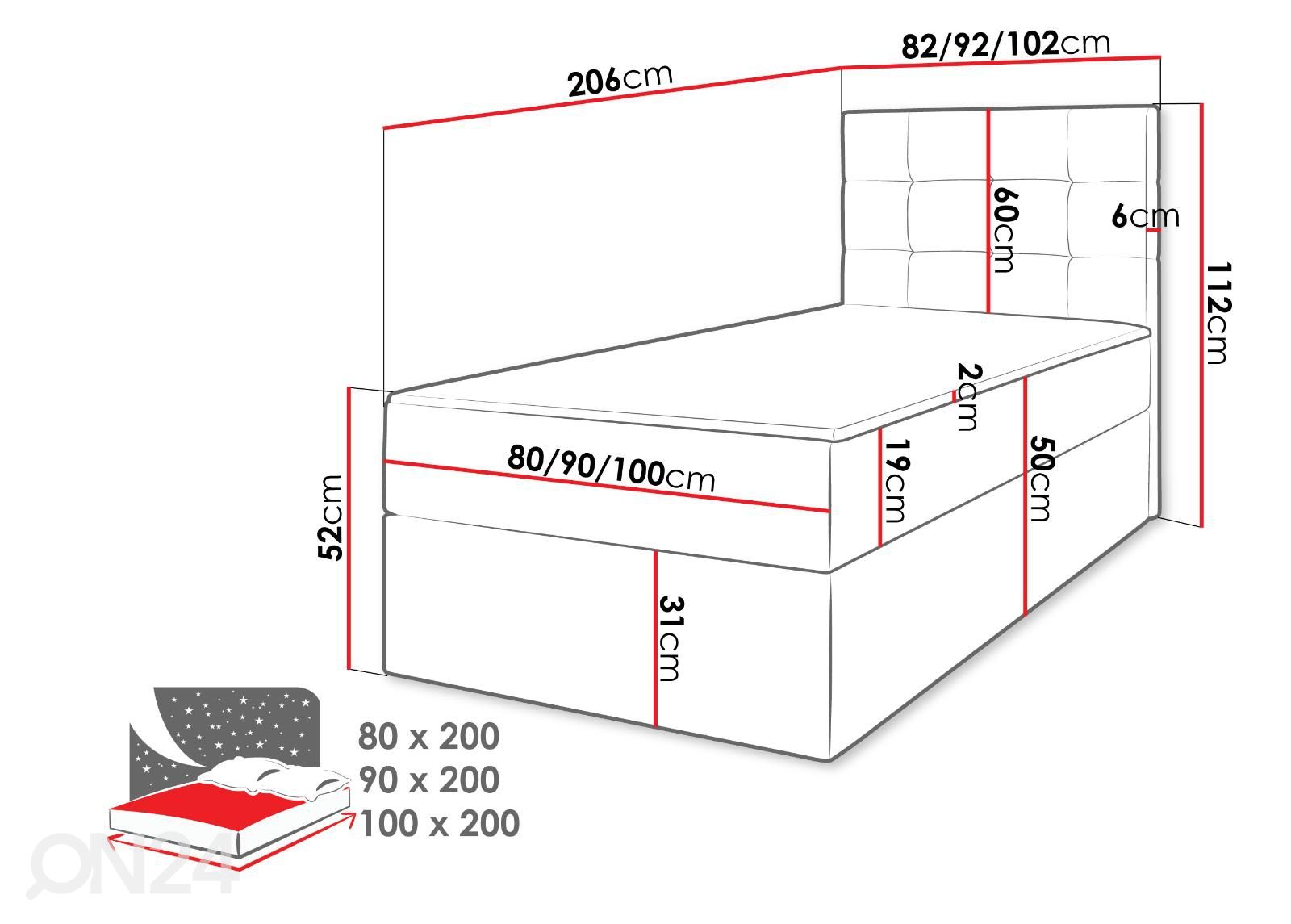 Jenkkisänky vuodevaatelaatikolla Luanda 90x200 cm kuvasuurennos mitat