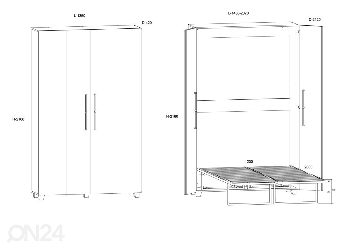 Kaappisänky Bweeng 120x200 cm kuvasuurennos mitat