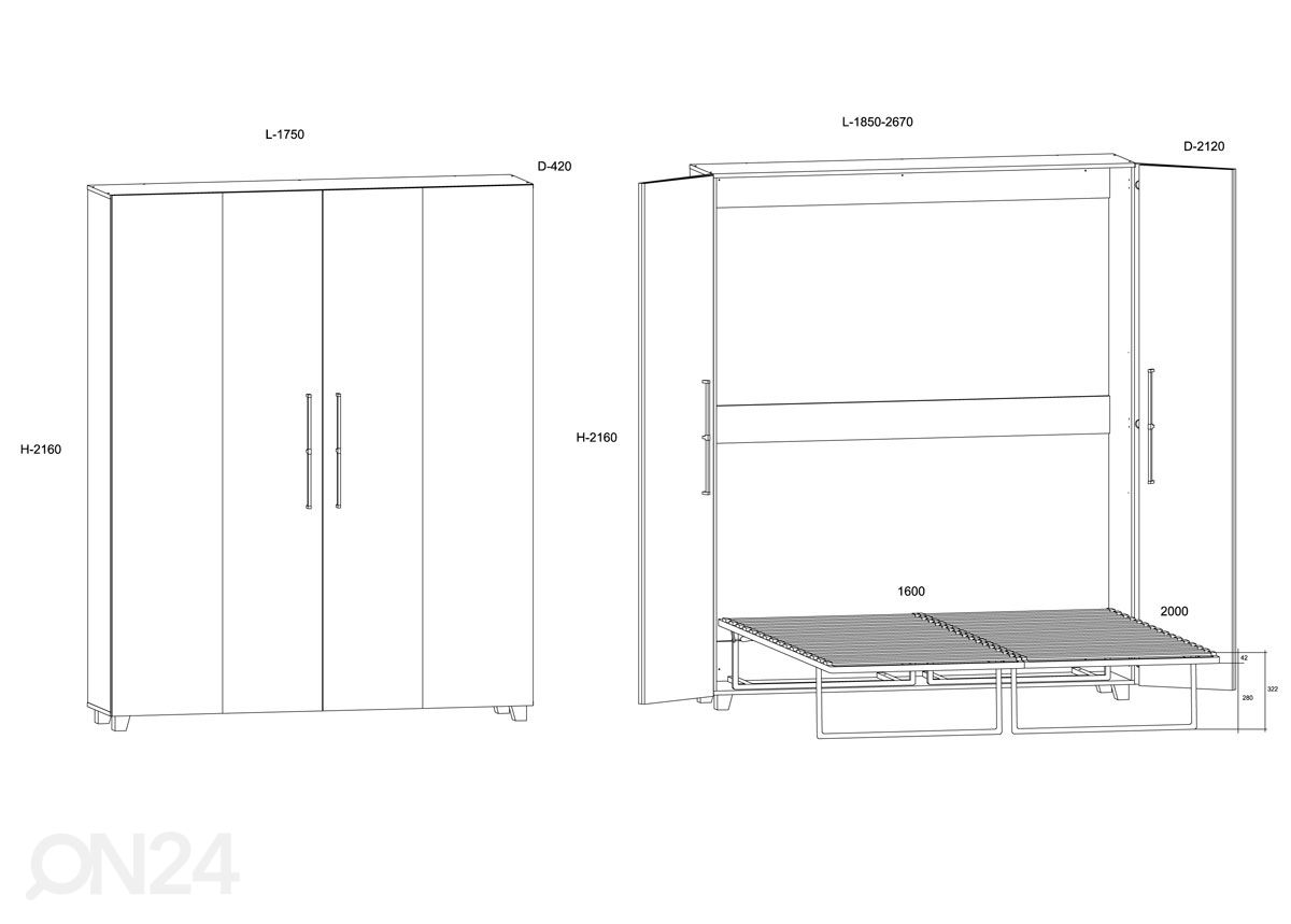 Kaappisänky Bweeng 160x200 cm kuvasuurennos mitat