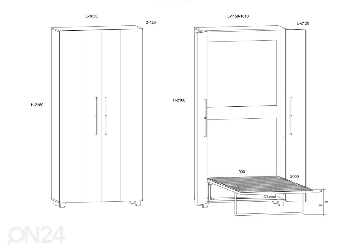 Kaappisänky Bweeng 90x200 cm kuvasuurennos mitat