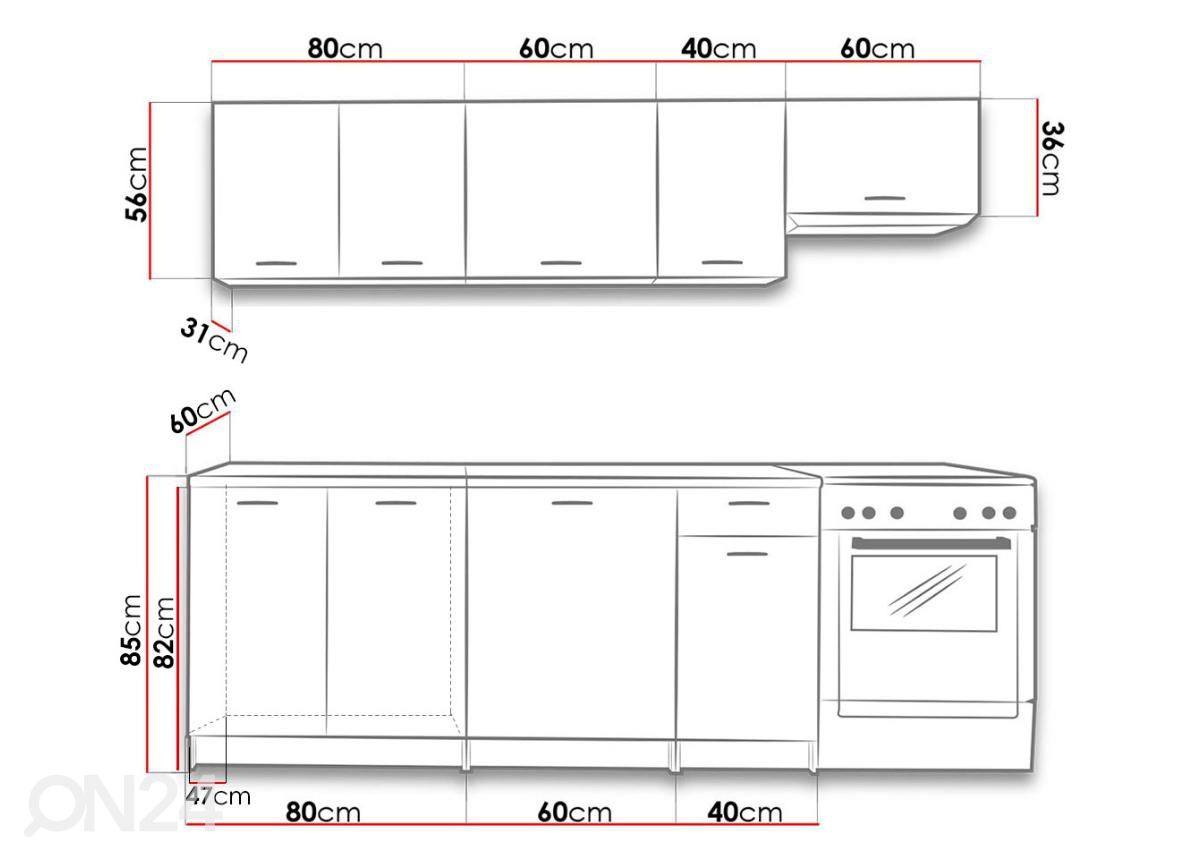 Keittiökalusteet 240 cm kuvasuurennos mitat