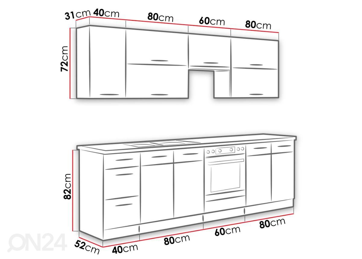 Keittiökalusteet 260 cm kuvasuurennos mitat