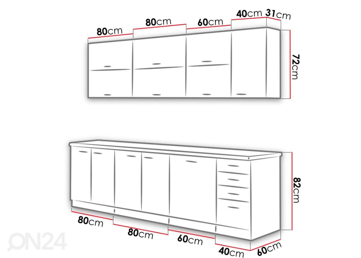 Keittiökalusteet 260 cm kuvasuurennos mitat