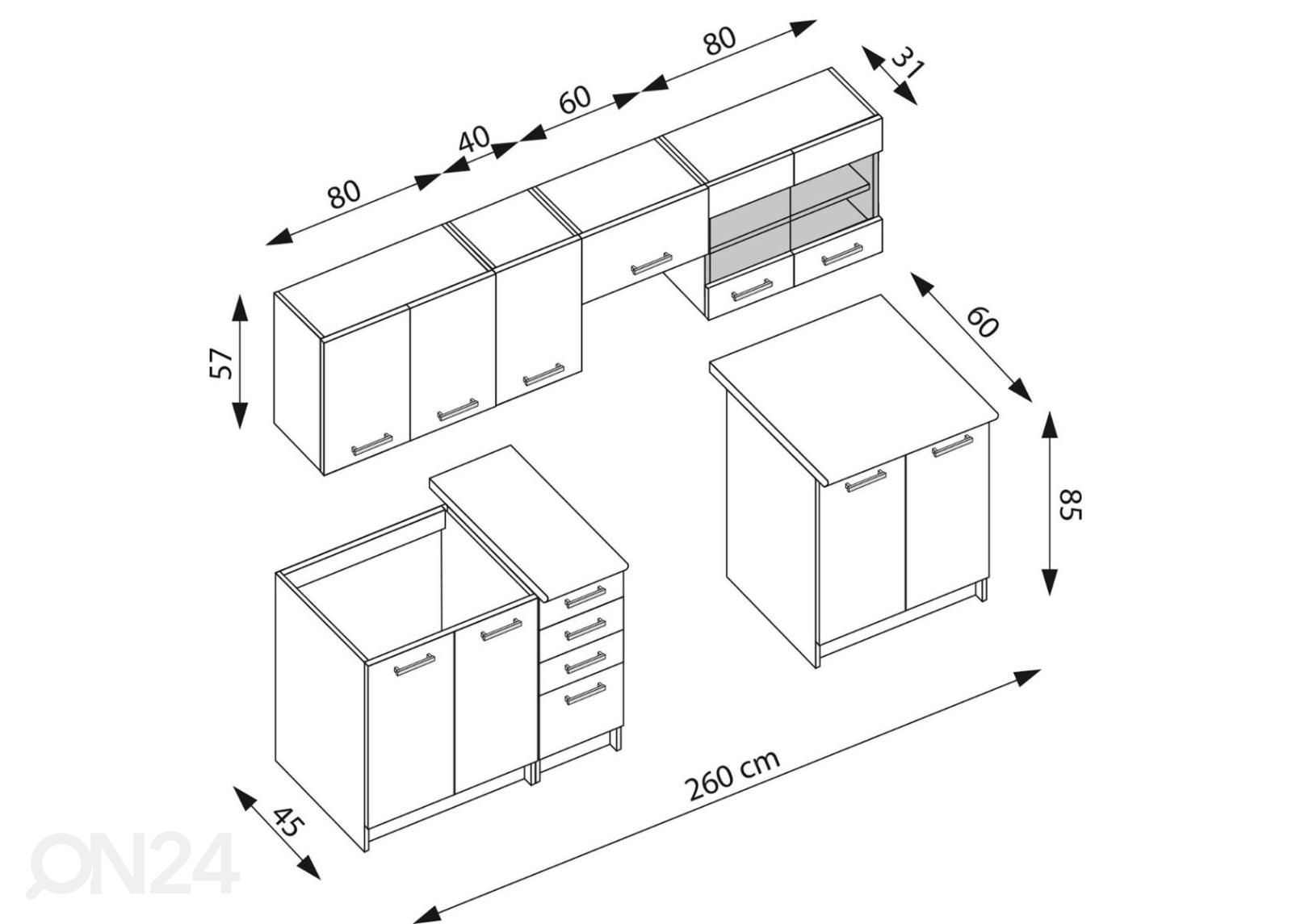 Keittiökalusteet Anna 260 cm kuvasuurennos mitat