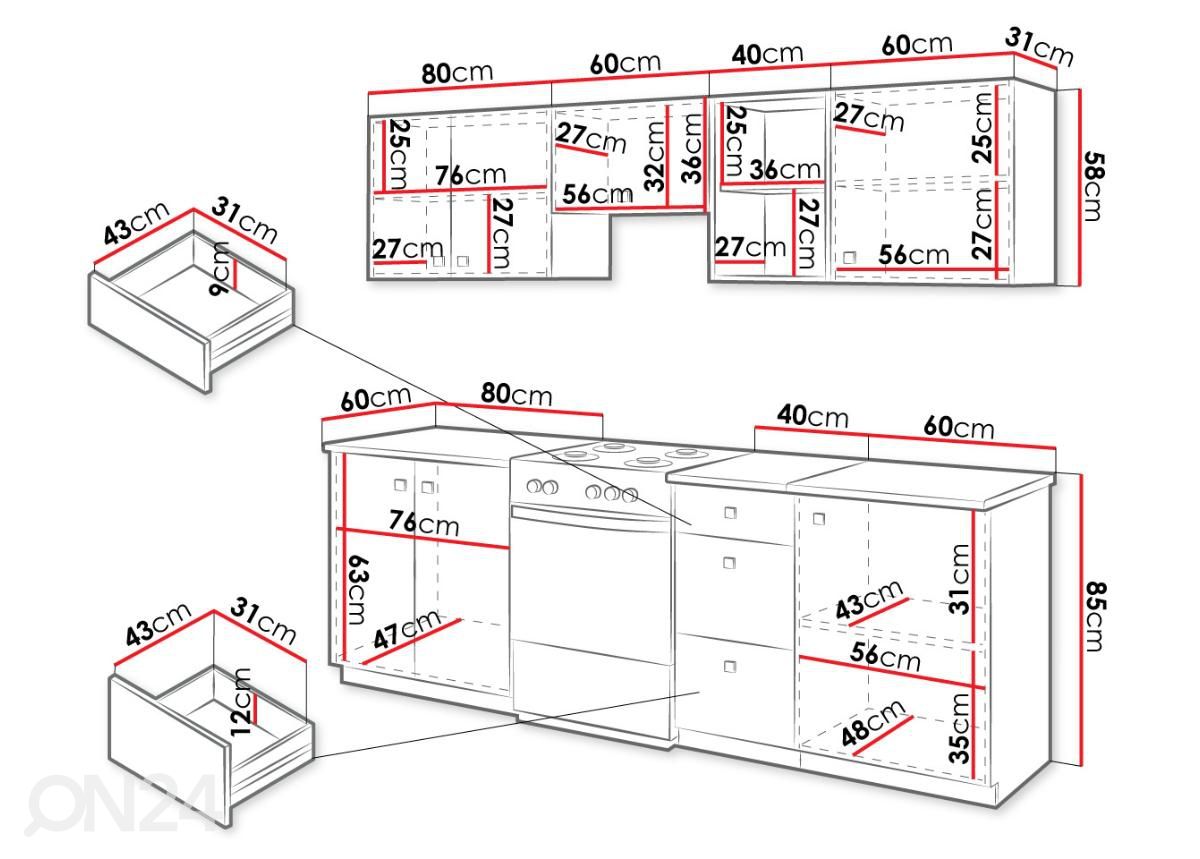 Keittiökalusteet Brinka II 240 cm + LED kuvasuurennos mitat