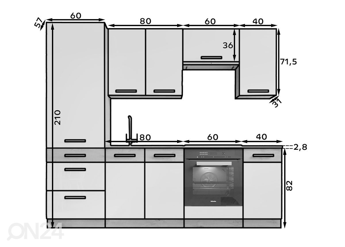 Keittiökalusteet Fars 240 cm kuvasuurennos mitat