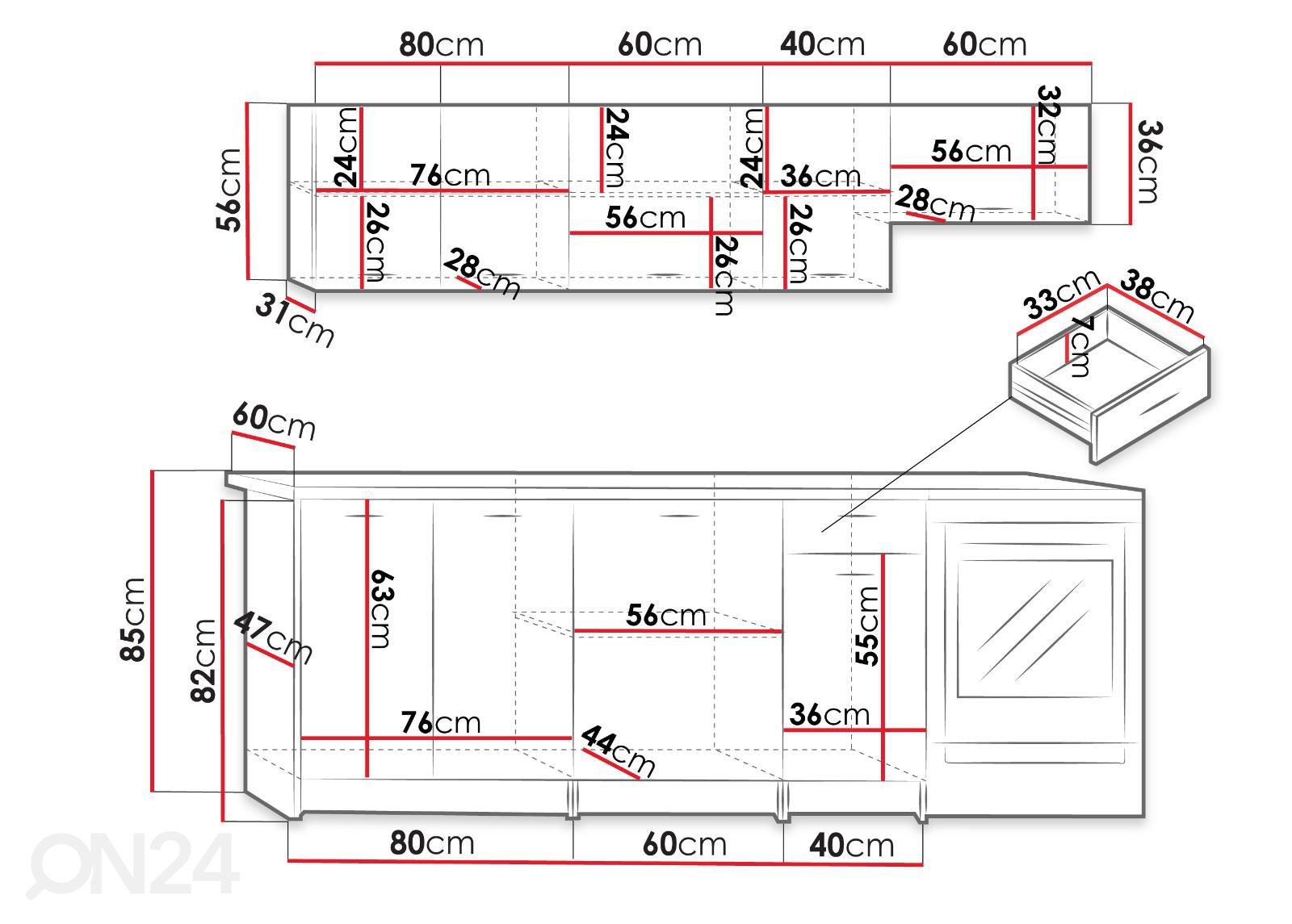 Keittiökalusteet Mia 240 cm kuvasuurennos mitat