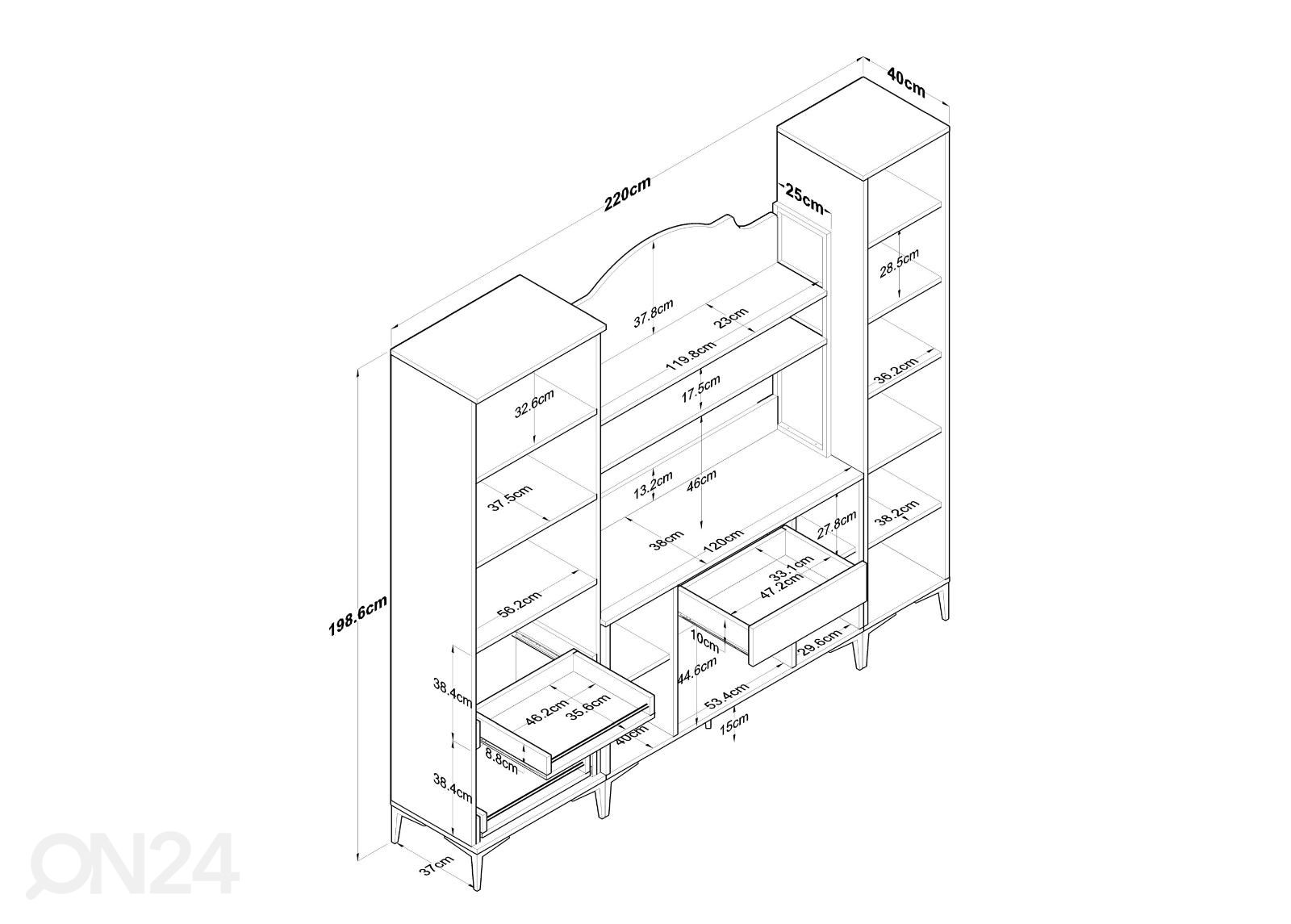 Keittiökalusteet Yes 220 cm kuvasuurennos mitat