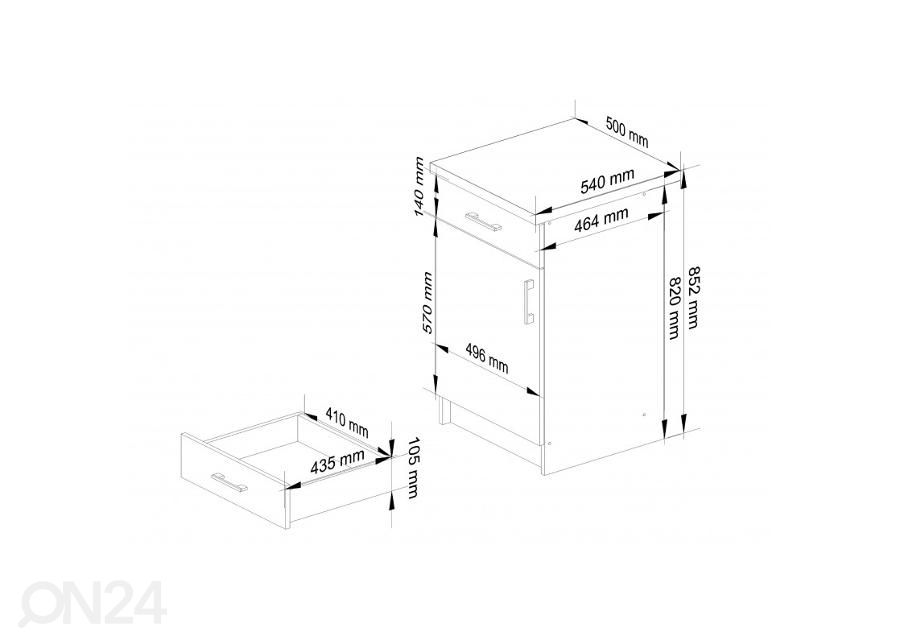 Keittiön alakaappi 50 cm kuvasuurennos mitat