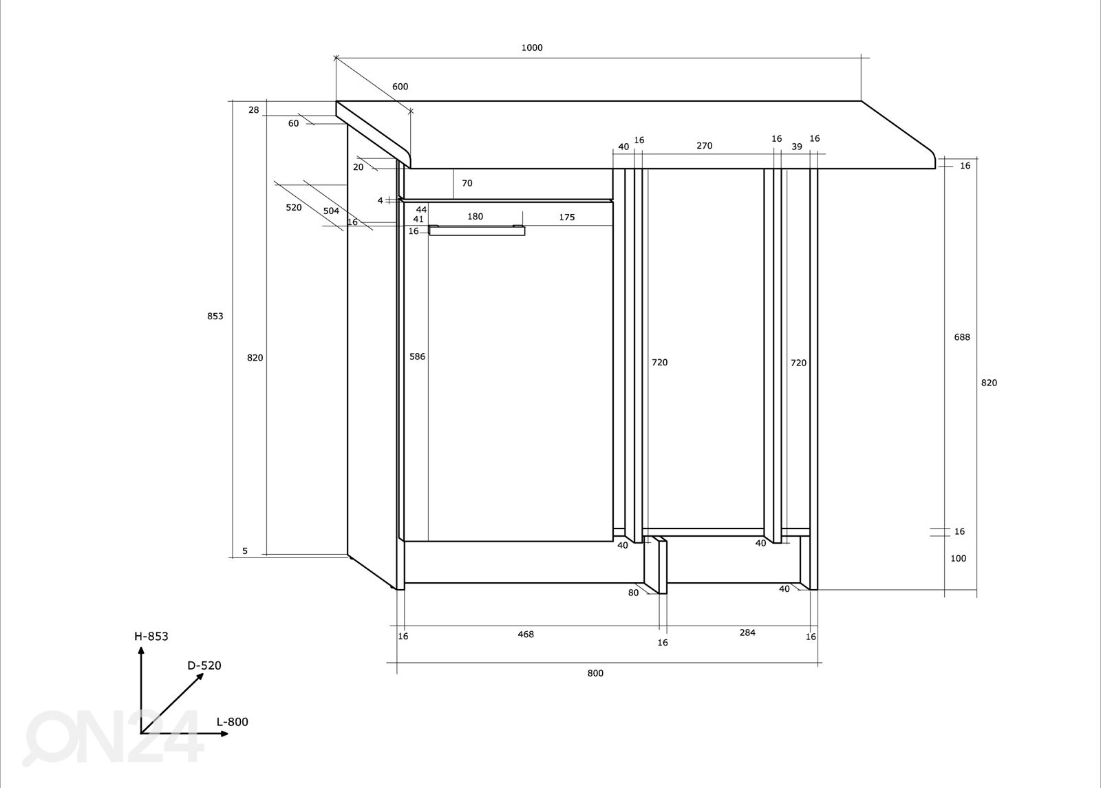 Keittiön alakaappi 80 cm kuvasuurennos mitat