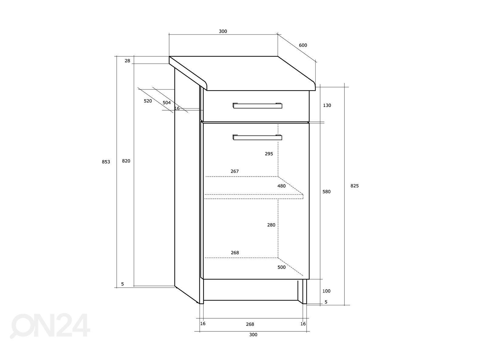 Keittiön alakaappi Mizen 30 cm kuvasuurennos mitat