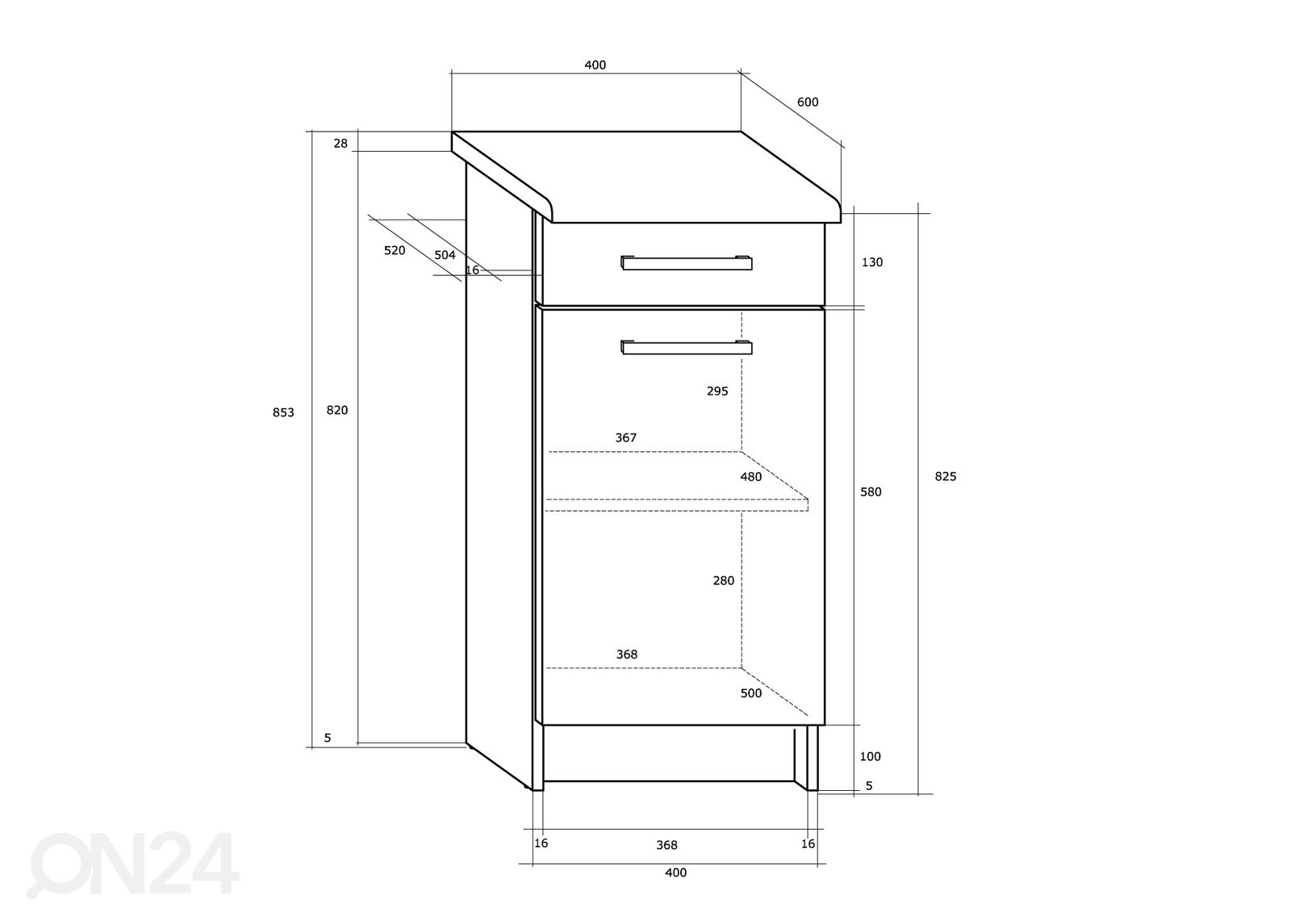 Keittiön alakaappi Mizen 40 cm kuvasuurennos mitat