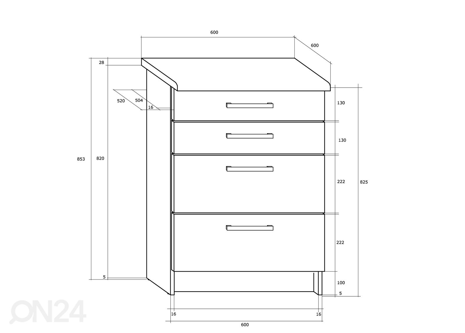 Keittiön alakaappi Mizen 60 cm kuvasuurennos mitat