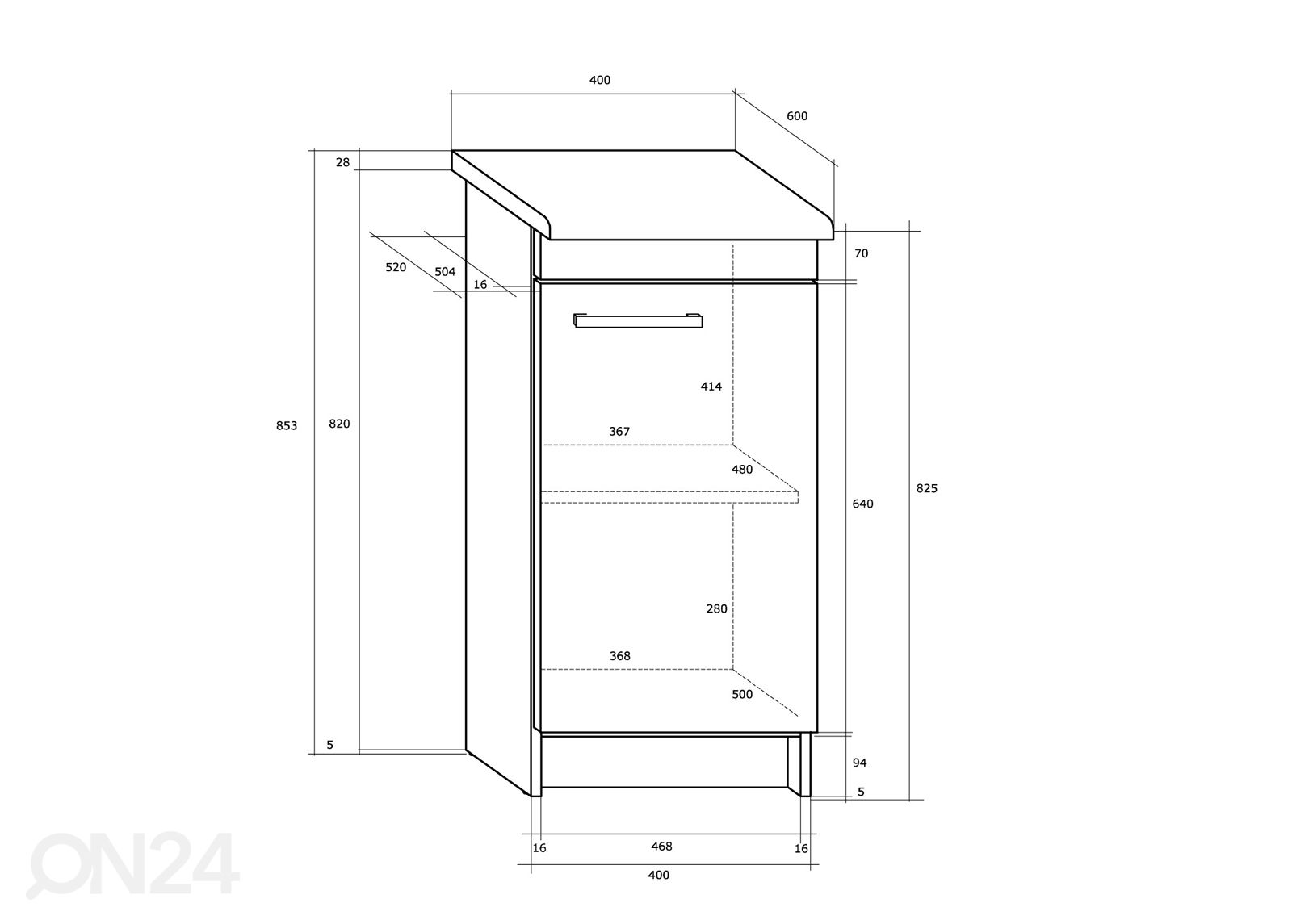 Keittiön alakaappi Plzen 40 cm kuvasuurennos mitat