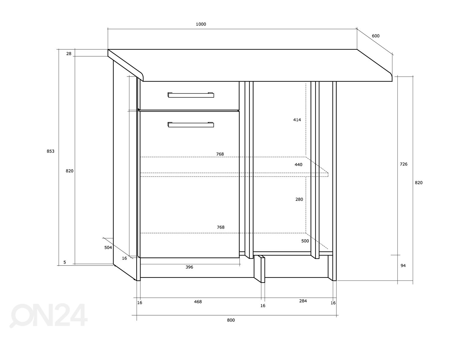 Keittiön kulmakaappi 80 cm kuvasuurennos mitat