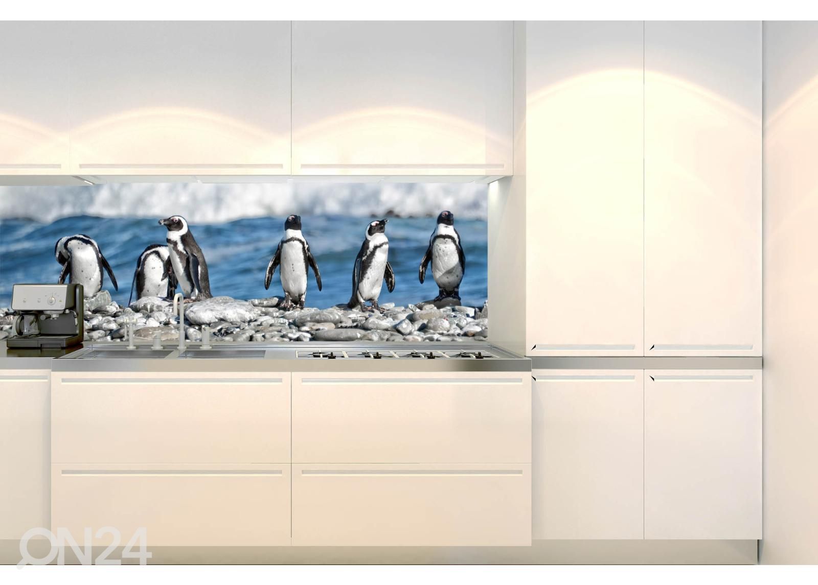 Keittiön välitilan tapetti Row of penguins 180x60 cm kuvasuurennos