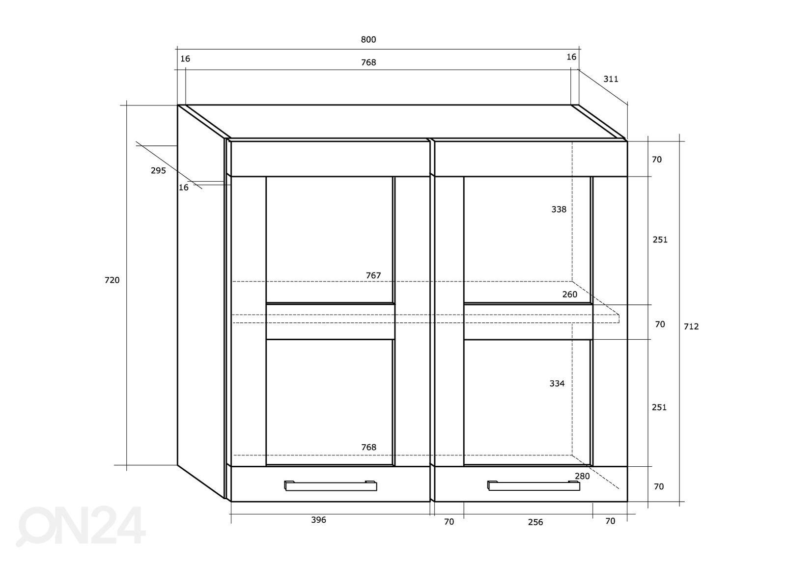 Keittiön yläkaappi Mizen 80 cm kuvasuurennos mitat