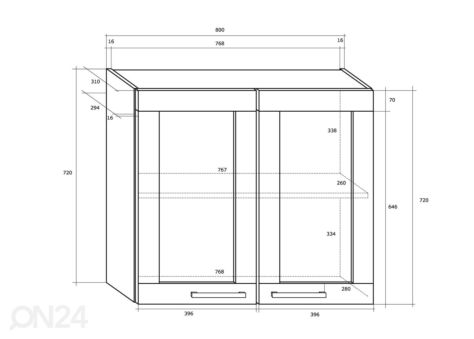 Keittiön yläkaappi Plzen 80 cm kuvasuurennos mitat