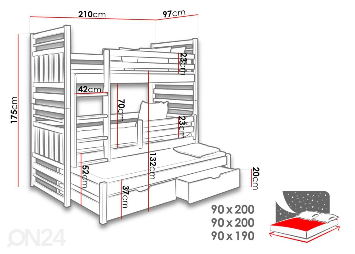 Kerrossänky kolmelle 90x200 cm kuvasuurennos mitat