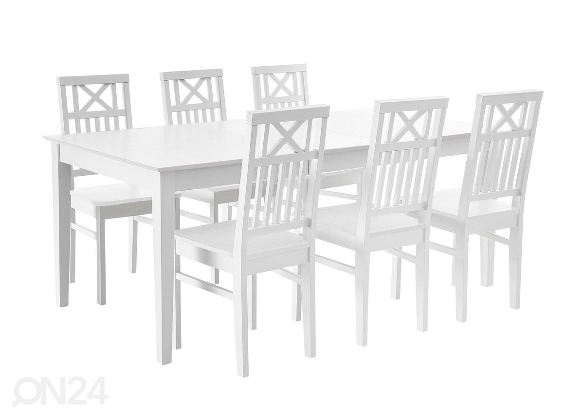 Koivu ruokailuryhmä Florence, pöytä 140-180x90 cm + 6 tuolia, valkoinen kuvasuurennos
