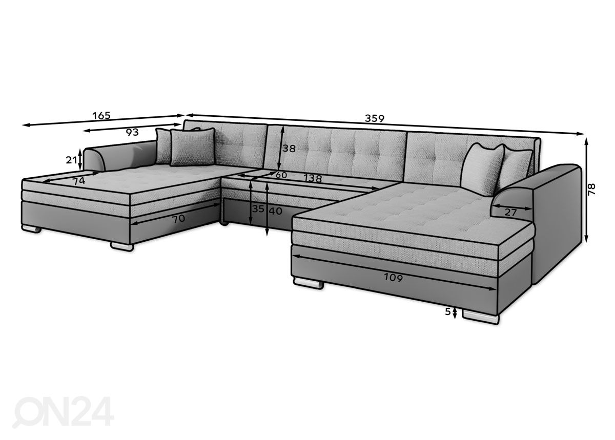 Kulmavuodesohva Alex 355 cm kuvasuurennos mitat