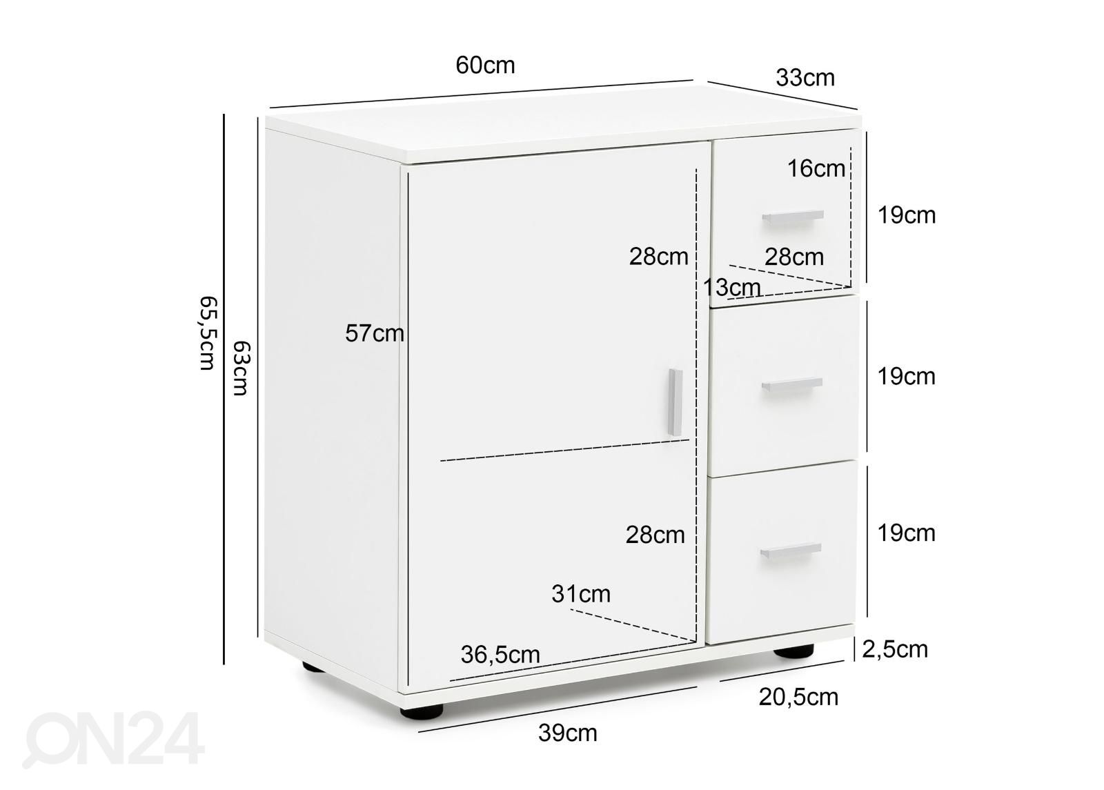 Kylpyhuoneen kaappi 60 cm, valkoinen kuvasuurennos mitat