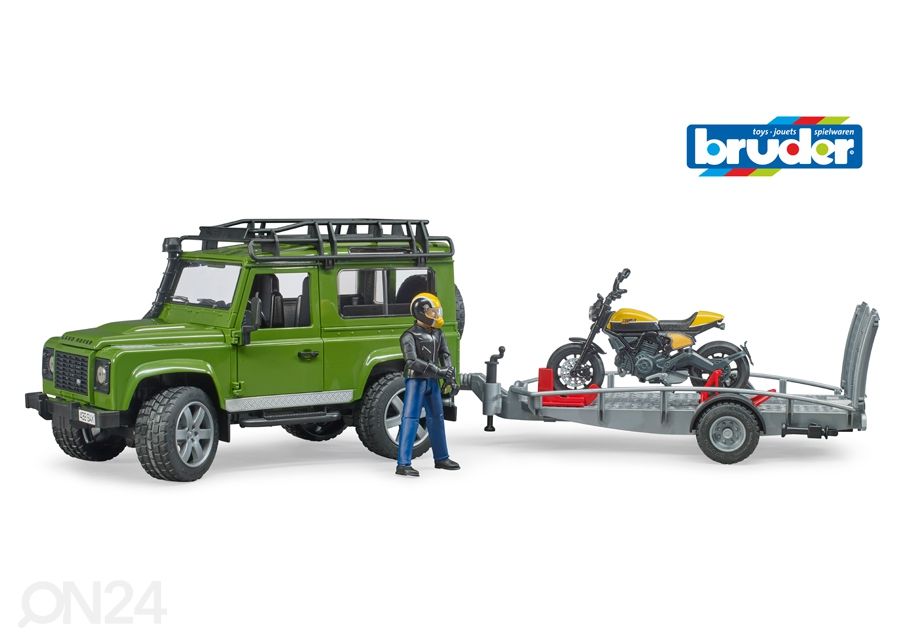 Land Rover Defender, perävaunu ja moottoripyörä 1:16 Bruder kuvasuurennos