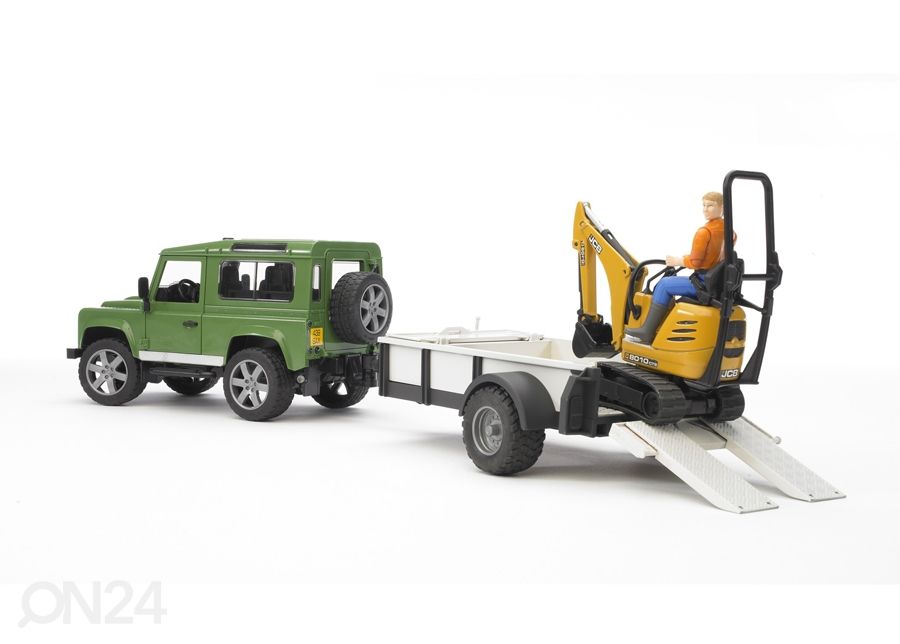 LAND ROVER peräkärryllä+JCB kaivinkone 1:16 BRUDER kuvasuurennos