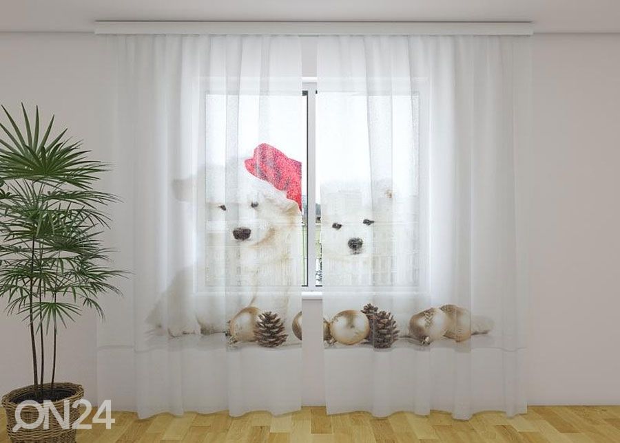 Läpinäkyvä verho Christmas Puppies 240x220 cm kuvasuurennos