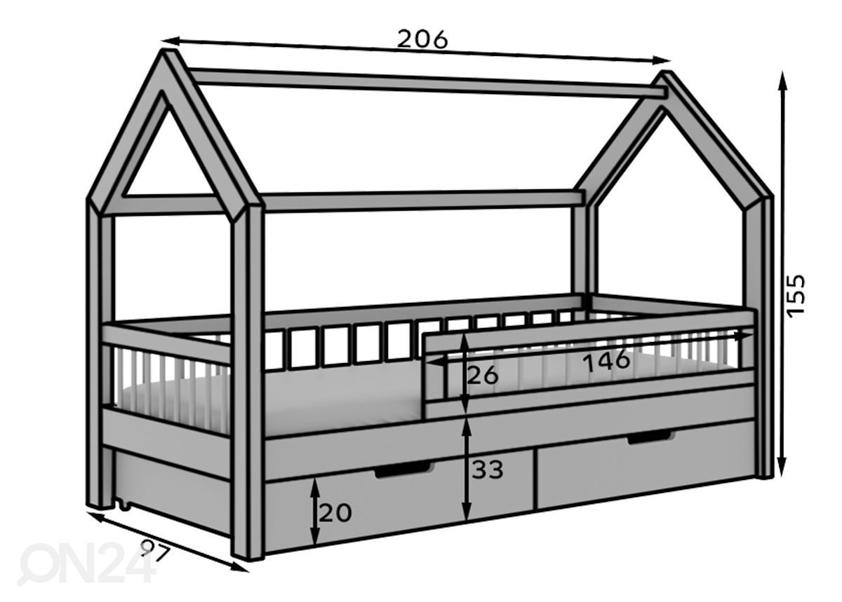 Lasten talosänky Sofia I 90x200 cm kuvasuurennos mitat