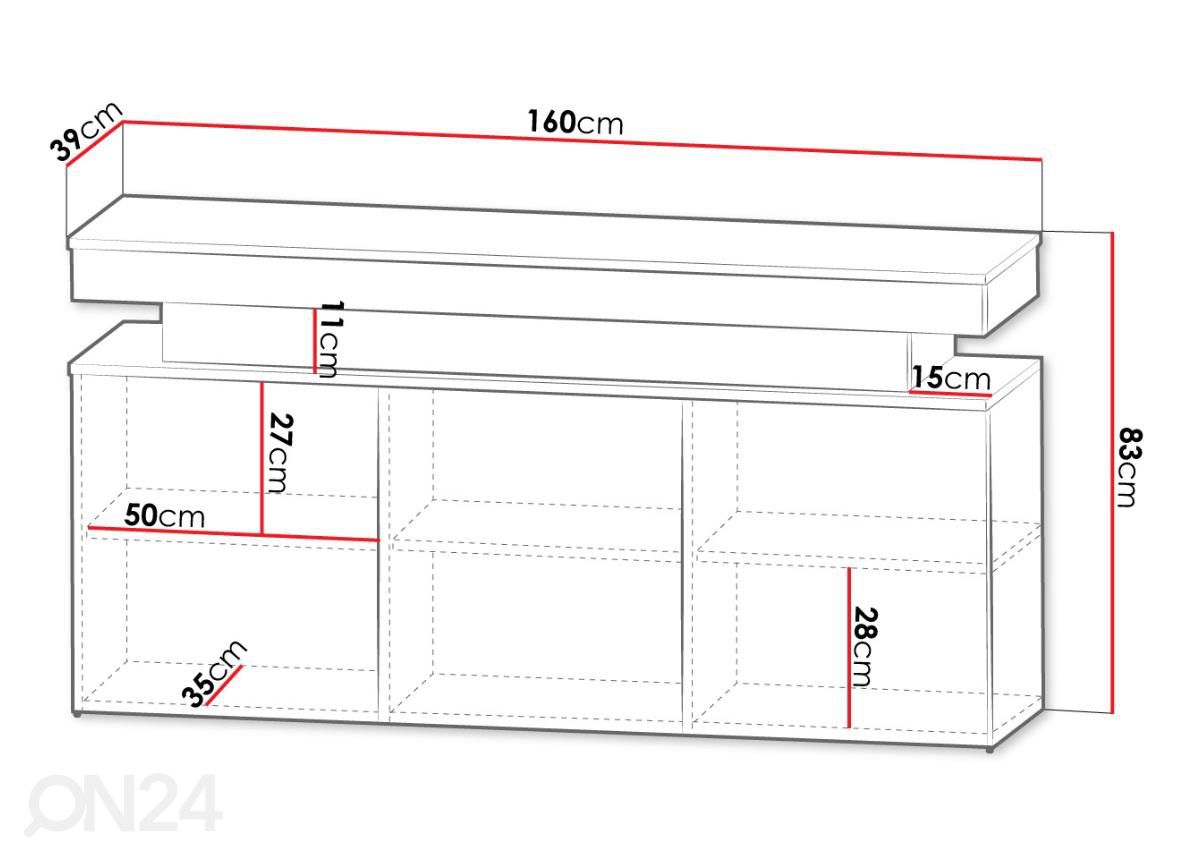 Lipasto Glossa 160 cm + LED kuvasuurennos mitat