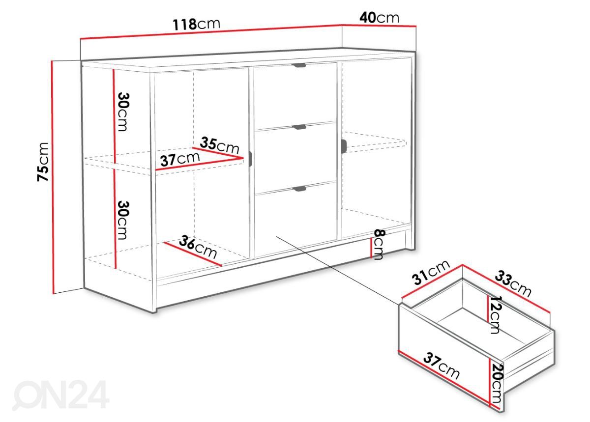 Lipasto Tireno 118 cm kuvasuurennos mitat