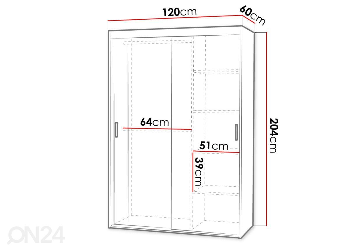 Liukuovikaappi 120 cm kuvasuurennos mitat