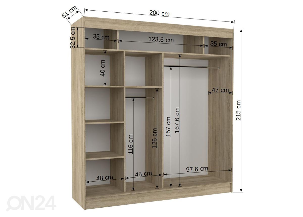 Liukuovikaappi 200 cm kuvasuurennos mitat