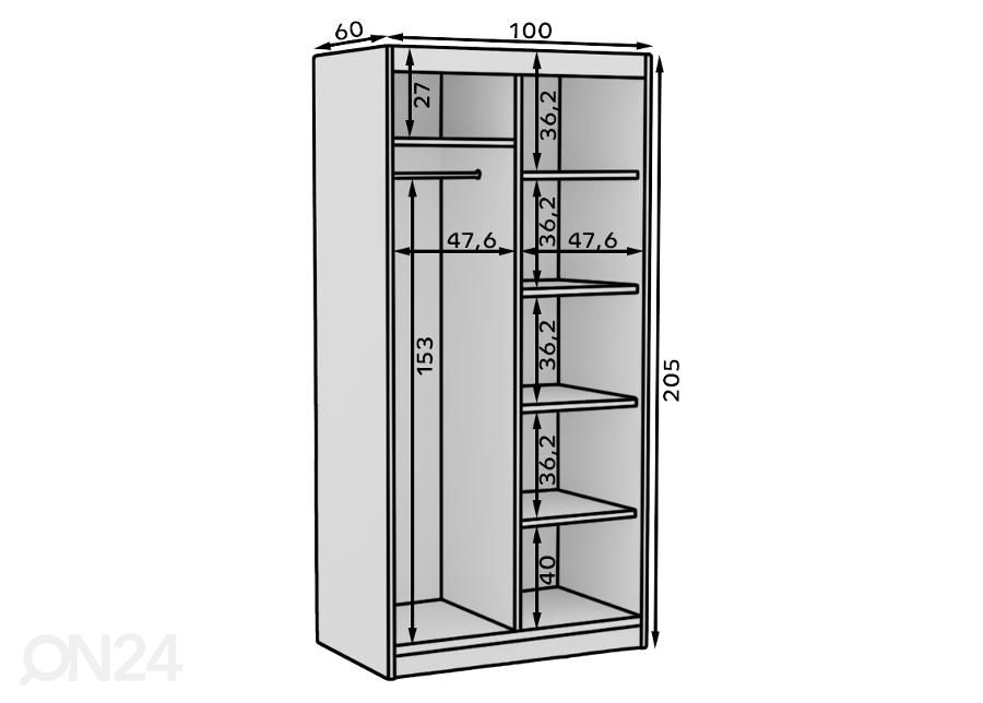 Liukuovikaappi Bao 100 cm kuvasuurennos mitat