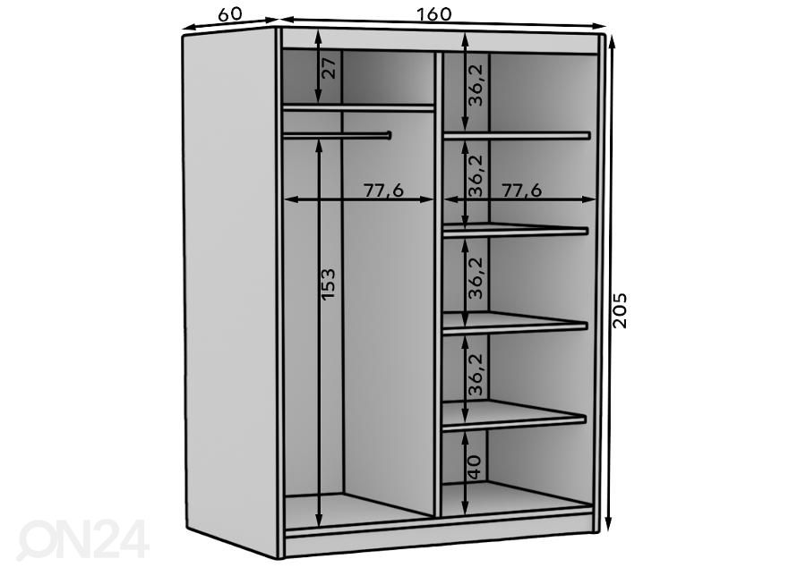 Liukuovikaappi Bao 160 cm kuvasuurennos mitat